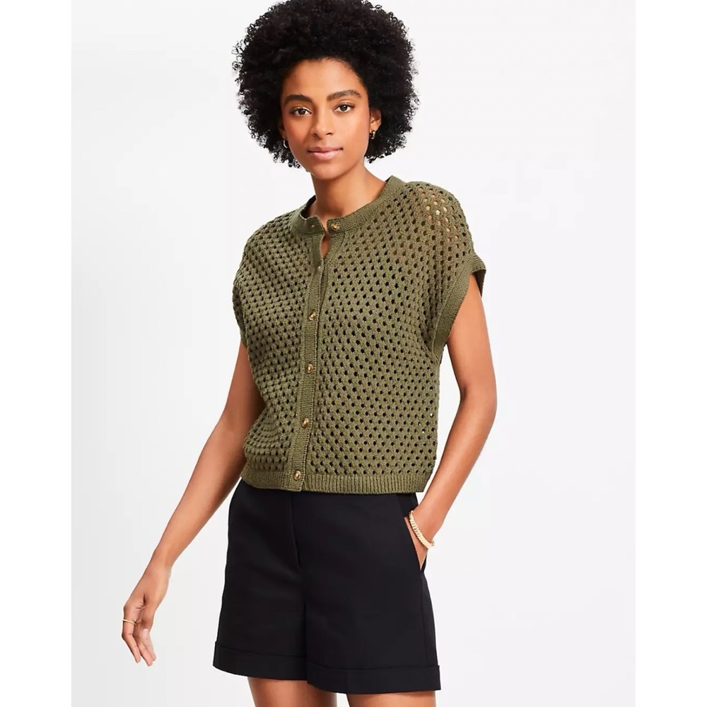 Loft Green Textured Wedge Sleeveless Cardigan Sweater, S